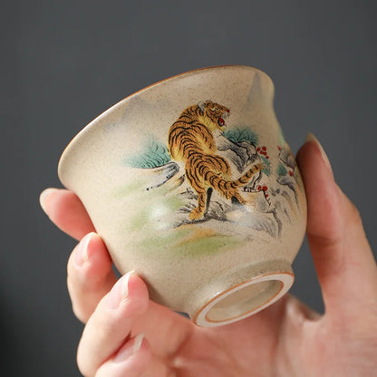 Crude Pottery Tea Set Twelve Zodiac Tea Cup Winebowl Retro Chinese Kung Fu Tea Set Tea Cup Large Handpainted Tea Bowl Teacup Set