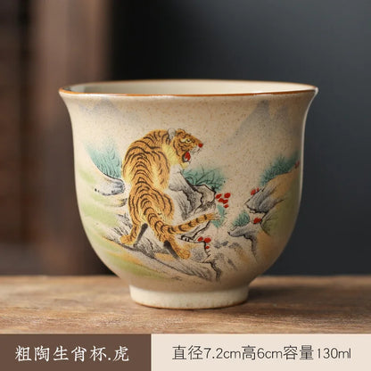 Crude Pottery Tea Set Twelve Zodiac Tea Cup Winebowl Retro Chinese Kung Fu Tea Set Tea Cup Large Handpainted Tea Bowl Teacup Set