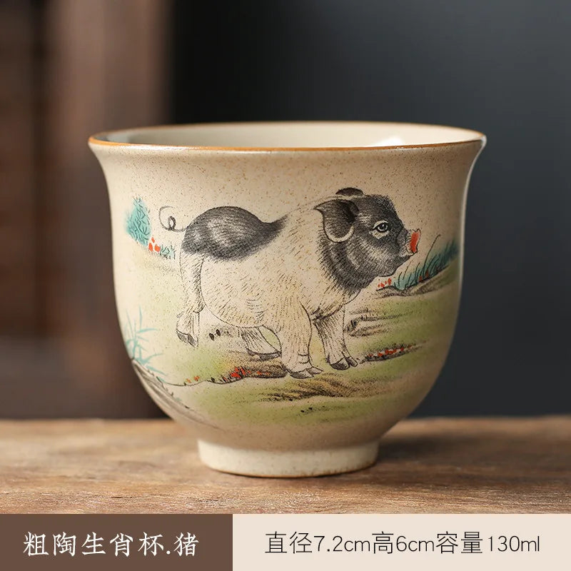 Crude Pottery Tea Set Twelve Zodiac Tea Cup Winebowl Retro Chinese Kung Fu Tea Set Tea Cup Large Handpainted Tea Bowl Teacup Set