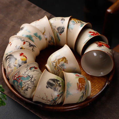 Crude Pottery Tea Set Twelve Zodiac Tea Cup Winebowl Retro Chinese Kung Fu Tea Set Tea Cup Large Handpainted Tea Bowl Teacup Set