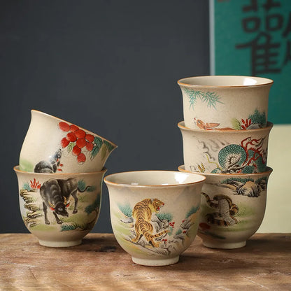 Crude Pottery Tea Set Twelve Zodiac Tea Cup Winebowl Retro Chinese Kung Fu Tea Set Tea Cup Large Handpainted Tea Bowl Teacup Set