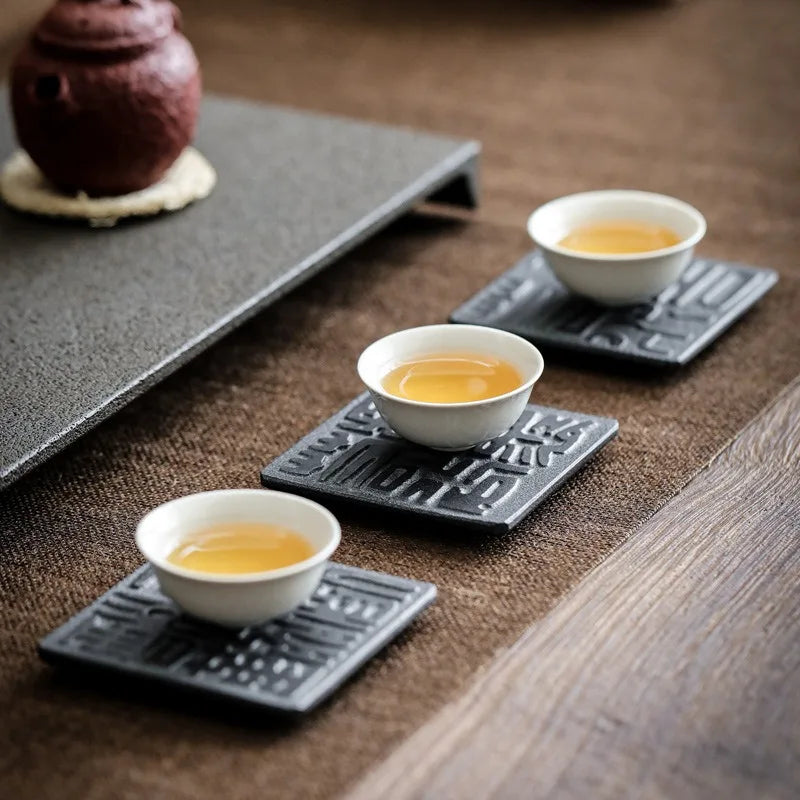 Cup Mat Coaster Teapot Teacup Nature Stone Pad Coffee Placemats Home Decor Durable Heat Resistant Black Square Culture Teaware