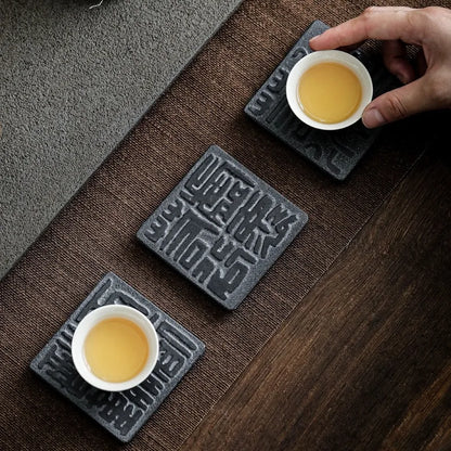 Cup Mat Coaster Teapot Teacup Nature Stone Pad Coffee Placemats Home Decor Durable Heat Resistant Black Square Culture Teaware