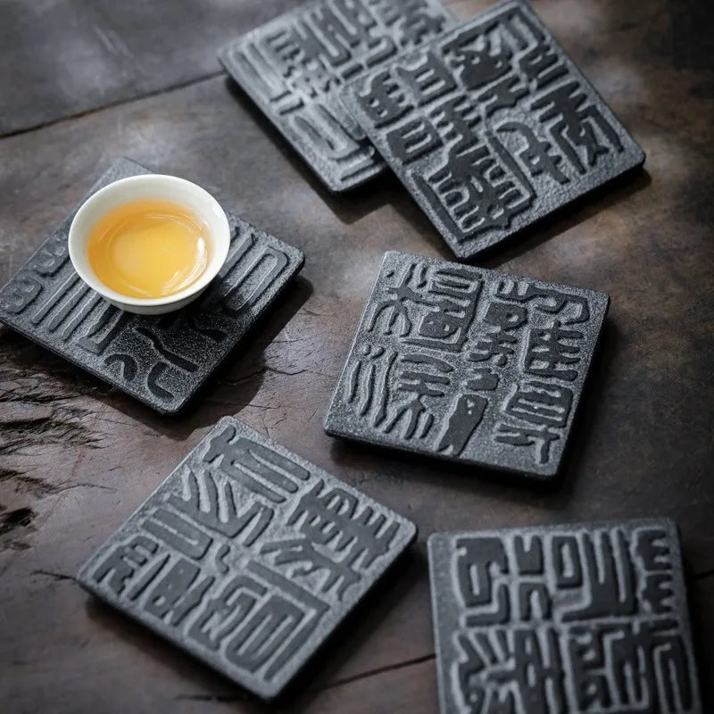 Cup Mat Coaster Teapot Teacup Nature Stone Pad Coffee Placemats Home Decor Durable Heat Resistant Black Square Culture Teaware