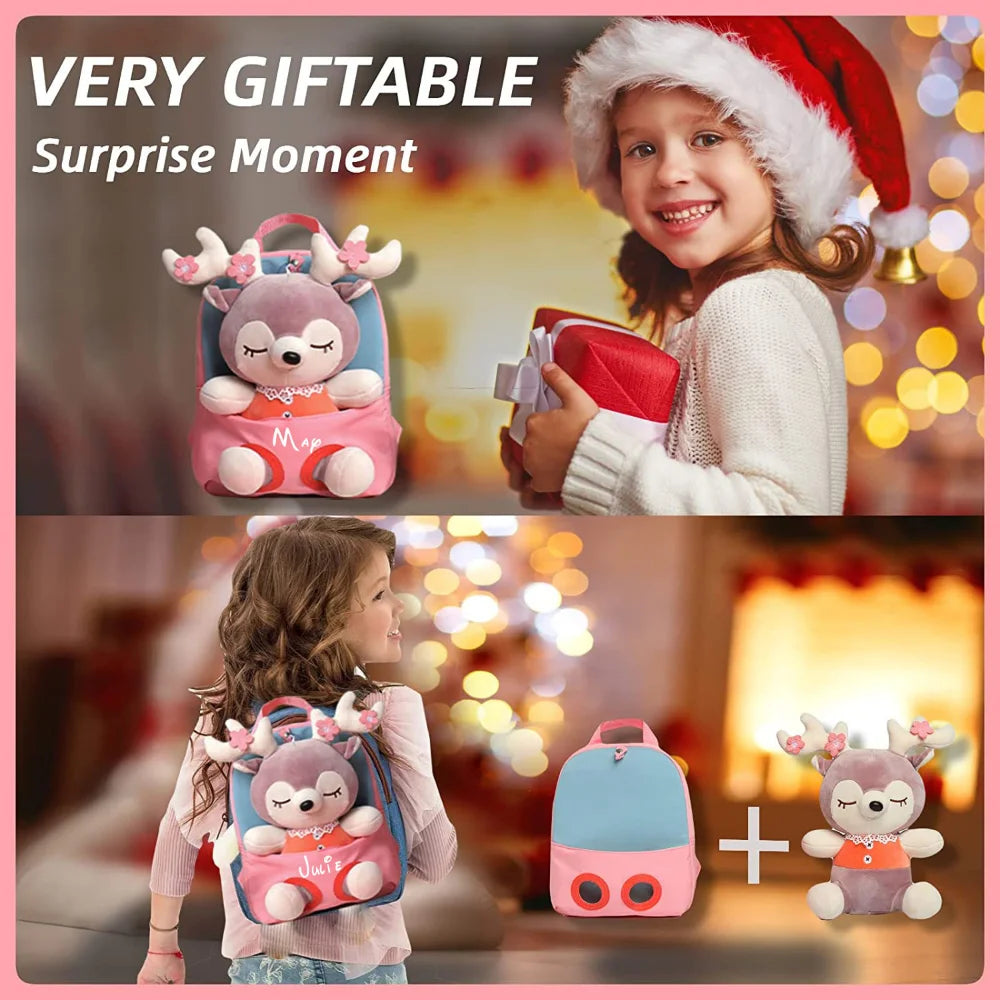 Custom Cute Toddler Backpack for Girls Custom Any Name Little Doll Stuffed Animal Kids Plush Backpack Mini Baby Girl Backpack
