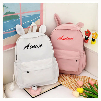 Custom Name Solid Color Rabbit School Student Backpack Personalized Kids Fashion Large Capacity Schoolbags Lightweight Backpack