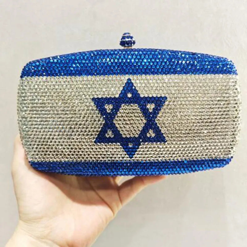 Customized Luxury Crystals Israel Flag Design Evening Bag UK USA Pattern Clutch Bags for Women Purse Stone Clutches Bags
