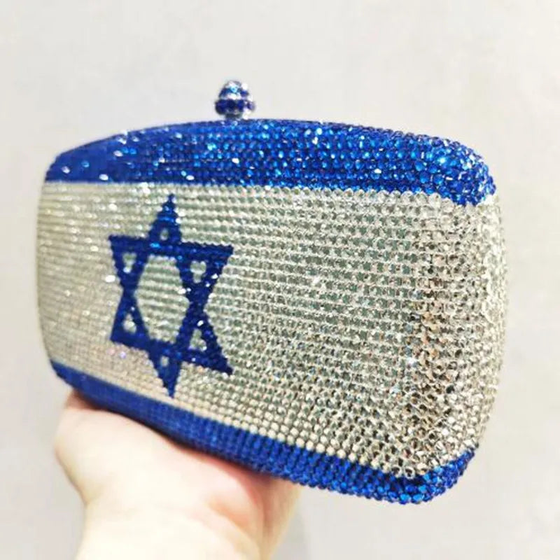 Customized Luxury Crystals Israel Flag Design Evening Bag UK USA Pattern Clutch Bags for Women Purse Stone Clutches Bags