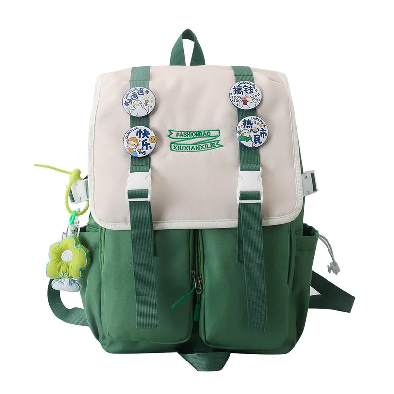Cute Badges Preppy Style Women Girl Sweet Contrast Color Backpacks Multi Pockets Students School Bags Cartable