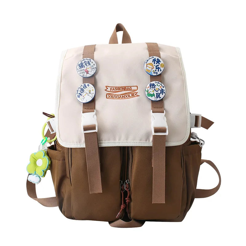 Cute Badges Preppy Style Women Girl Sweet Contrast Color Backpacks Multi Pockets Students School Bags Cartable