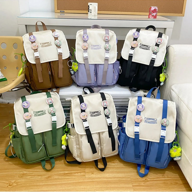 Cute Badges Preppy Style Women Girl Sweet Contrast Color Backpacks Multi Pockets Students School Bags Cartable