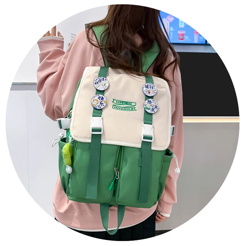 Cute Badges Preppy Style Women Girl Sweet Contrast Color Backpacks Multi Pockets Students School Bags Cartable