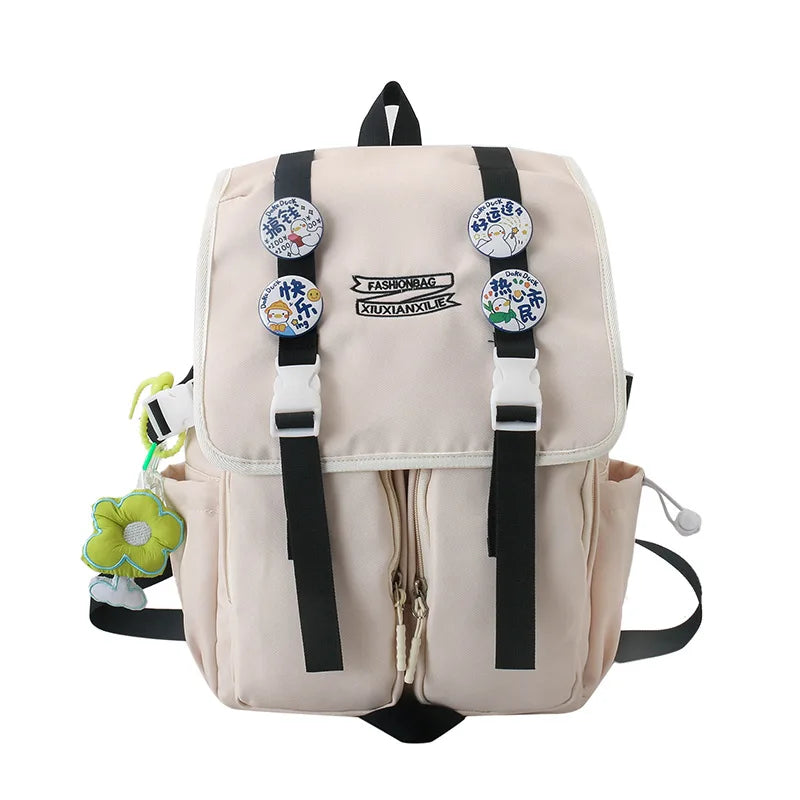 Cute Badges Preppy Style Women Girl Sweet Contrast Color Backpacks Multi Pockets Students School Bags Cartable