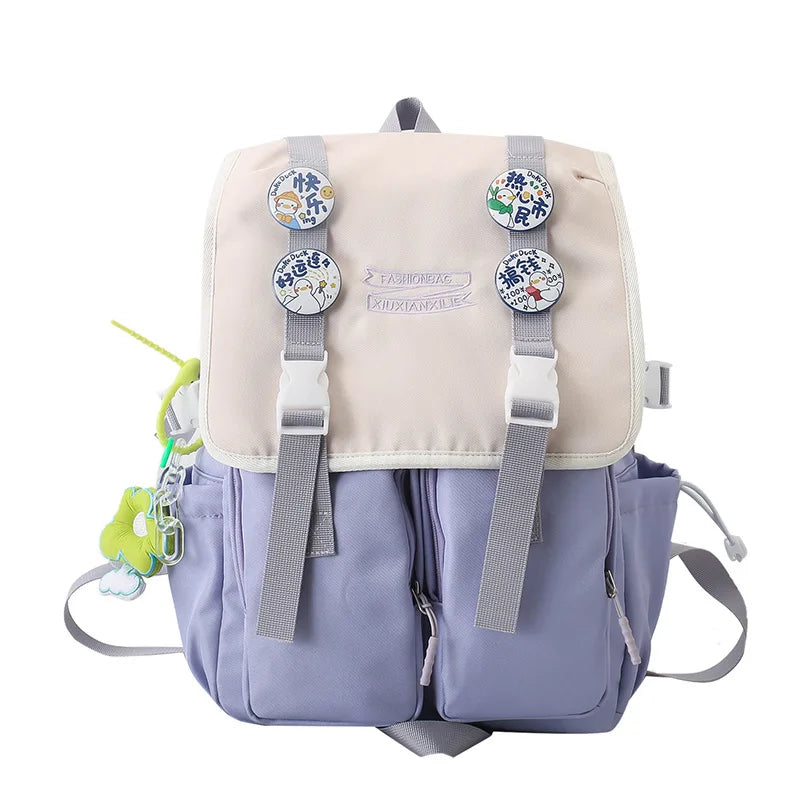 Cute Badges Preppy Style Women Girl Sweet Contrast Color Backpacks Multi Pockets Students School Bags Cartable