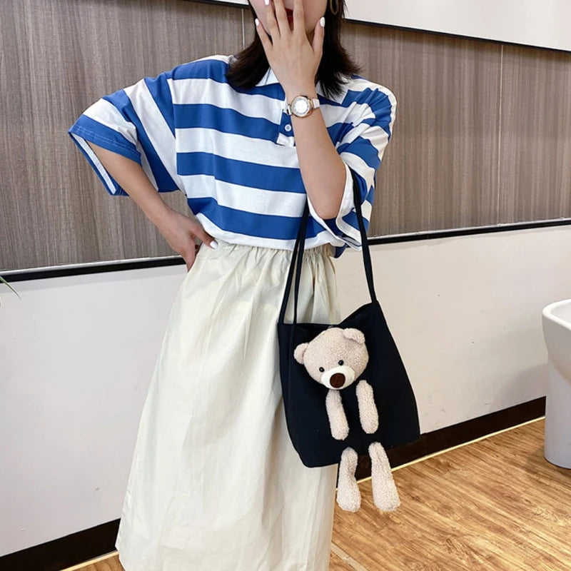 Cute Bear Canvas Shoulder Bag Personality Fashion Women Shoulder Messenger Bag Casual Daily Wear Crossbody Purse Fashion