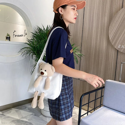 Cute Bear Canvas Shoulder Bag Personality Fashion Women Shoulder Messenger Bag Casual Daily Wear Crossbody Purse Fashion