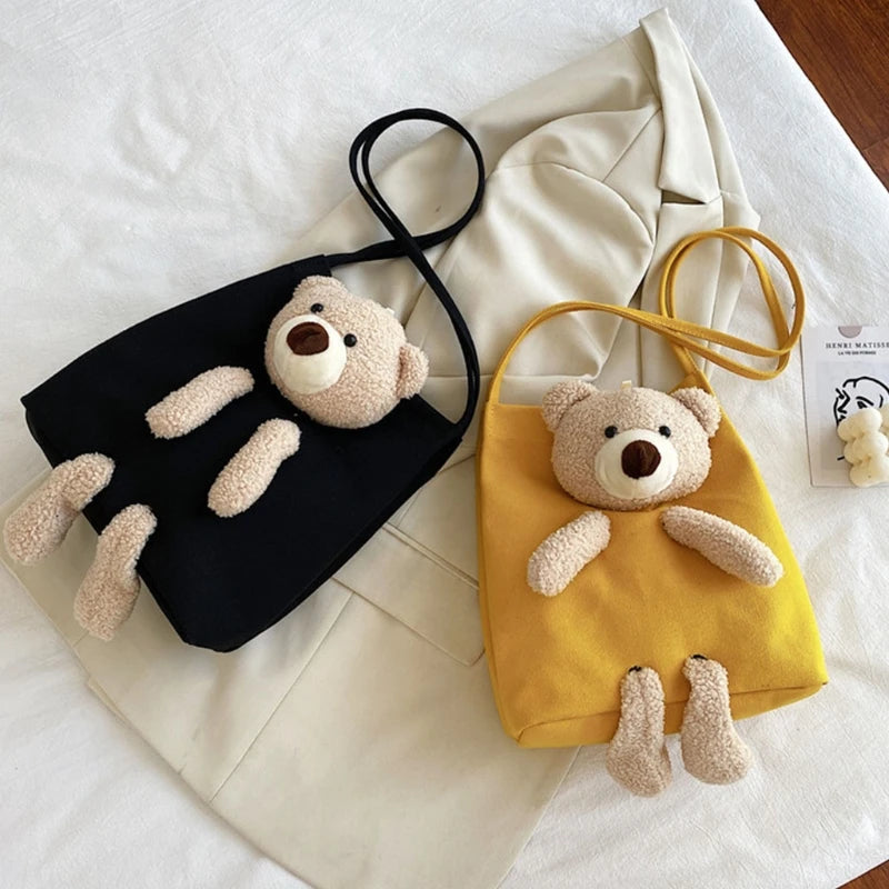 Cute Bear Canvas Shoulder Bag Personality Fashion Women Shoulder Messenger Bag Casual Daily Wear Crossbody Purse Fashion