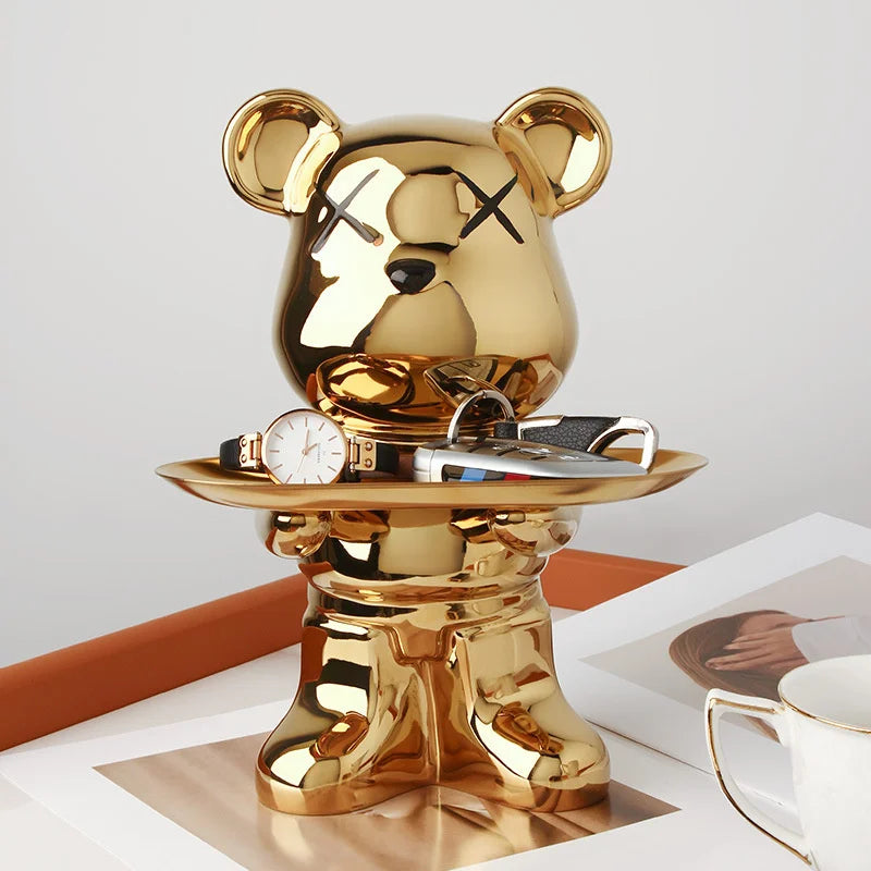 Cute Bear Ceramic Statue with Storage Tray Home Decor Bear Sculpture Animal Figurines Living Room Office Desk Decoration Gift