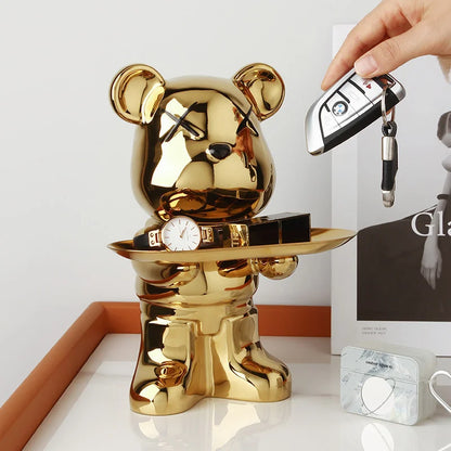 Cute Bear Ceramic Statue with Storage Tray Home Decor Bear Sculpture Animal Figurines Living Room Office Desk Decoration Gift