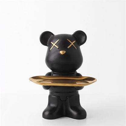 Cute Bear Ceramic Statue with Storage Tray Home Decor Bear Sculpture Animal Figurines Living Room Office Desk Decoration Gift