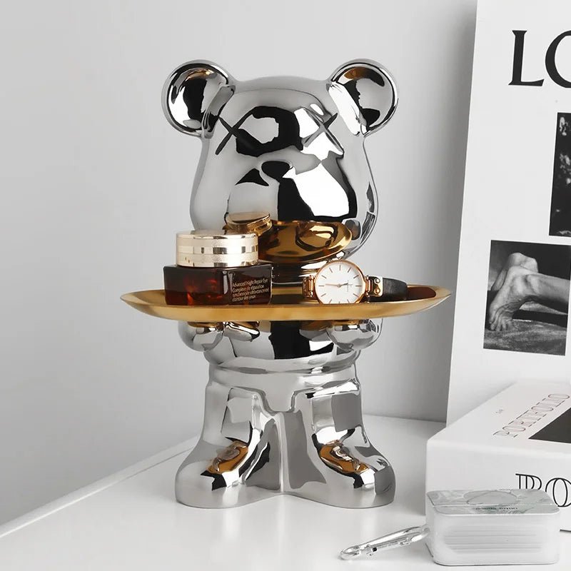 Cute Bear Ceramic Statue with Storage Tray Home Decor Bear Sculpture Animal Figurines Living Room Office Desk Decoration Gift