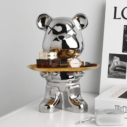 Cute Bear Ceramic Statue with Storage Tray Home Decor Bear Sculpture Animal Figurines Living Room Office Desk Decoration Gift