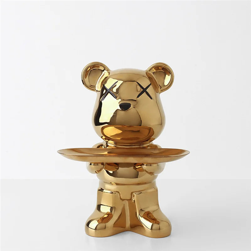 Cute Bear Ceramic Statue with Storage Tray Home Decor Bear Sculpture Animal Figurines Living Room Office Desk Decoration Gift
