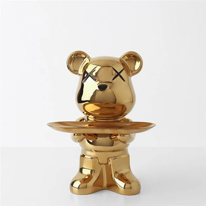 Cute Bear Ceramic Statue with Storage Tray Home Decor Bear Sculpture Animal Figurines Living Room Office Desk Decoration Gift