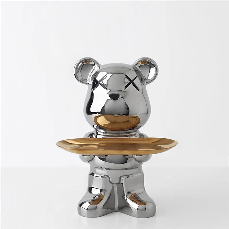 Cute Bear Ceramic Statue with Storage Tray Home Decor Bear Sculpture Animal Figurines Living Room Office Desk Decoration Gift