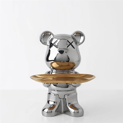 Cute Bear Ceramic Statue with Storage Tray Home Decor Bear Sculpture Animal Figurines Living Room Office Desk Decoration Gift
