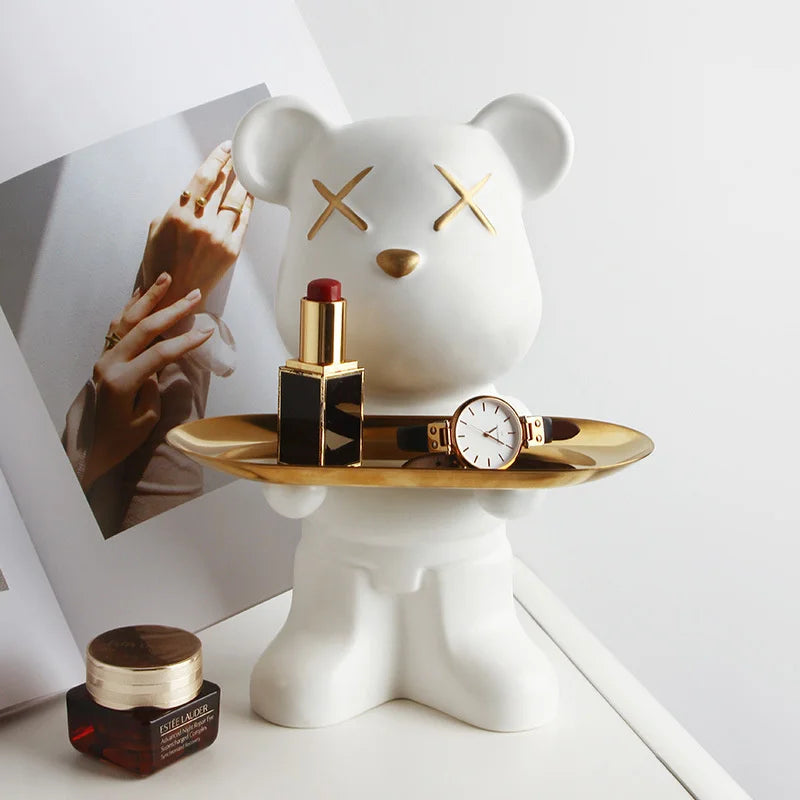 Cute Bear Ceramic Statue with Storage Tray Home Decor Bear Sculpture Animal Figurines Living Room Office Desk Decoration Gift