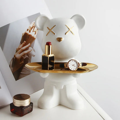 Cute Bear Ceramic Statue with Storage Tray Home Decor Bear Sculpture Animal Figurines Living Room Office Desk Decoration Gift