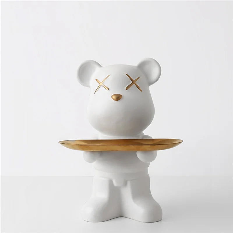 Cute Bear Ceramic Statue with Storage Tray Home Decor Bear Sculpture Animal Figurines Living Room Office Desk Decoration Gift