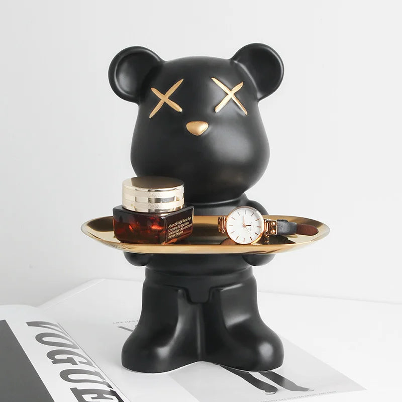 Cute Bear Ceramic Statue with Storage Tray Home Decor Bear Sculpture Animal Figurines Living Room Office Desk Decoration Gift