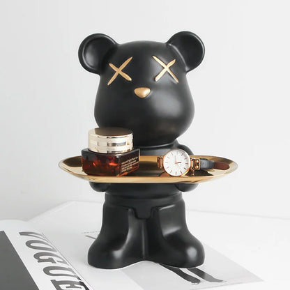 Cute Bear Ceramic Statue with Storage Tray Home Decor Bear Sculpture Animal Figurines Living Room Office Desk Decoration Gift