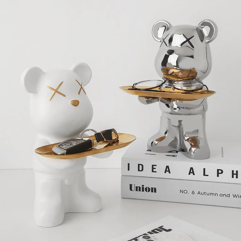 Cute Bear Ceramic Statue with Storage Tray Home Decor Bear Sculpture Animal Figurines Living Room Office Desk Decoration Gift