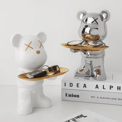 Cute Bear Ceramic Statue with Storage Tray Home Decor Bear Sculpture Animal Figurines Living Room Office Desk Decoration Gift