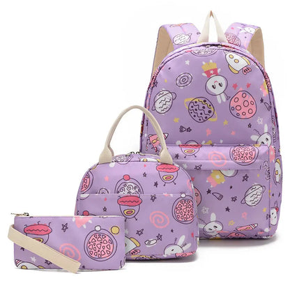 Cute Bear Pattern Backpack Set With Pencil Case & Lunch Pouch Twill 3 In 1 Primary School Packs