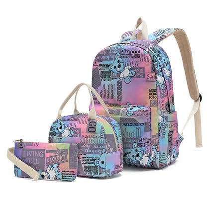 Cute Bear Pattern Backpack Set With Pencil Case & Lunch Pouch Twill 3 In 1 Primary School Packs