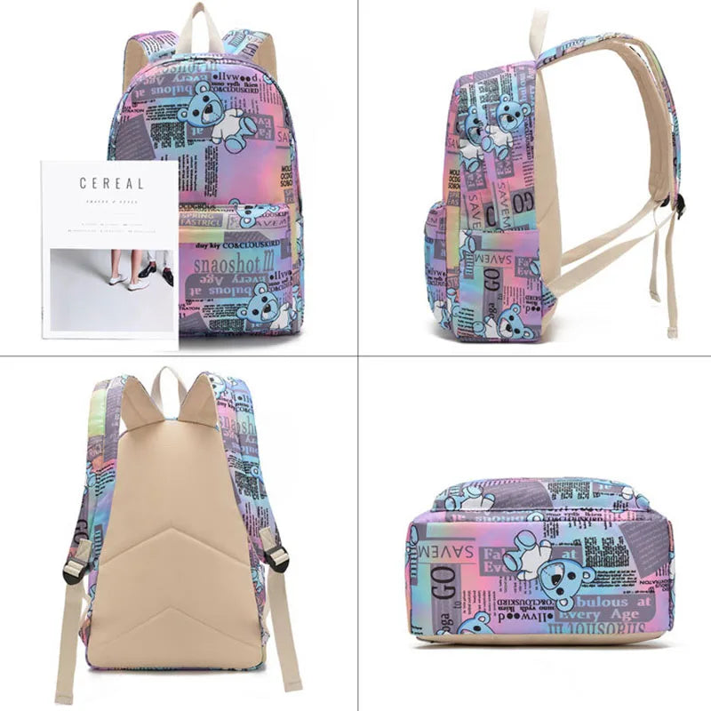 Cute Bear Pattern Backpack Set With Pencil Case & Lunch Pouch Twill 3 In 1 Primary School Packs