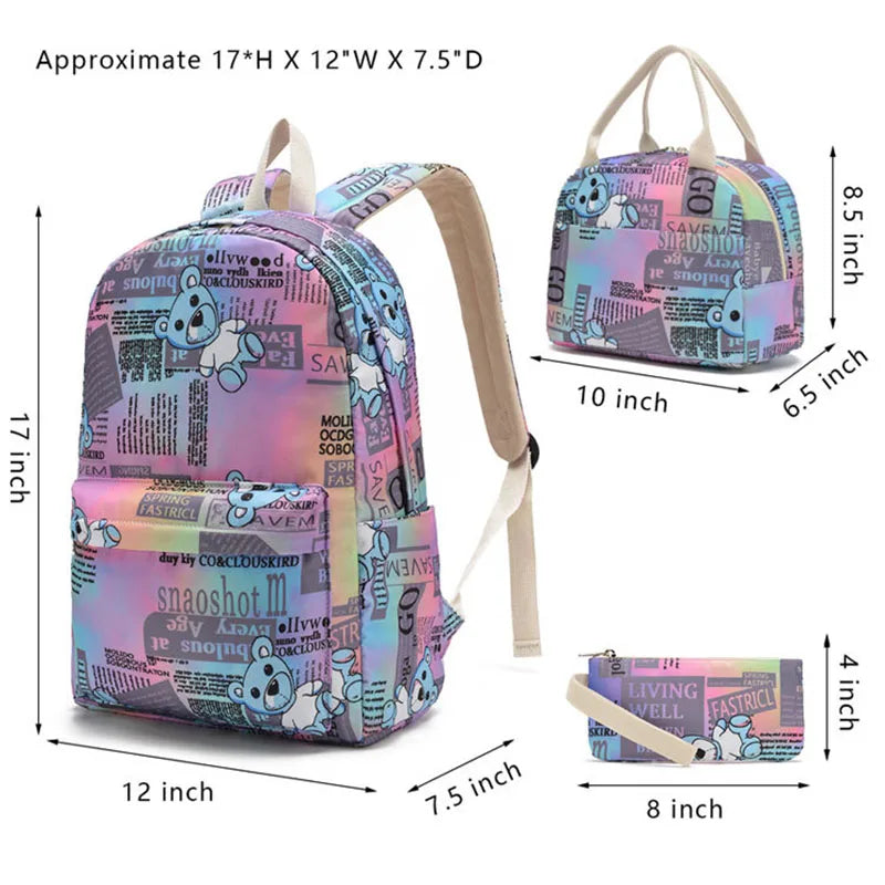 Cute Bear Pattern Backpack Set With Pencil Case & Lunch Pouch Twill 3 In 1 Primary School Packs
