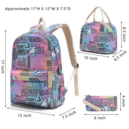 Cute Bear Pattern Backpack Set With Pencil Case & Lunch Pouch Twill 3 In 1 Primary School Packs