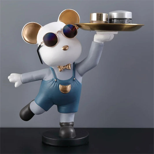 Cute Bear Statue with Tray Glasses Resin Sculptures Animal Figurines Ornaments Living Room Home Table Decoration Wedding Gift
