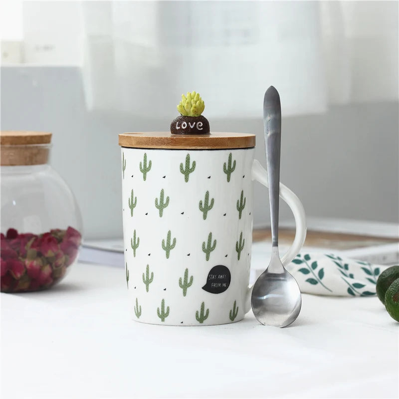 Cute Cactus Mug Ceramic Coffee Cups Creative Milk Tea Cup With Lid Spoon Home Morning Mugs