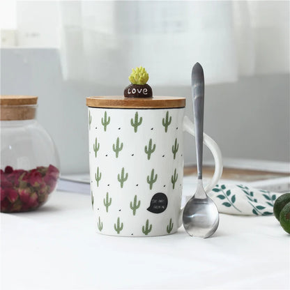 Cute Cactus Mug Ceramic Coffee Cups Creative Milk Tea Cup With Lid Spoon Home Morning Mugs