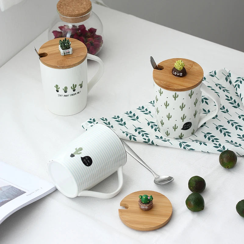 Cute Cactus Mug Ceramic Coffee Cups Creative Milk Tea Cup With Lid Spoon Home Morning Mugs