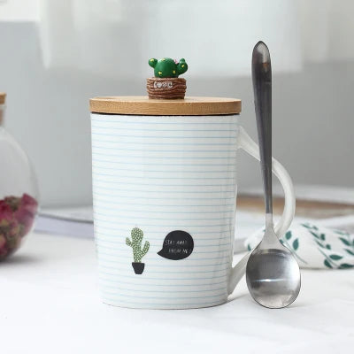 Cute Cactus Mug Ceramic Coffee Cups Creative Milk Tea Cup With Lid Spoon Home Morning Mugs