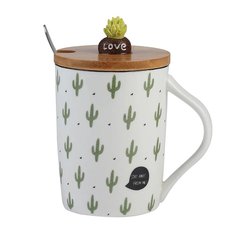 Cute Cactus Mug Ceramic Coffee Cups Creative Milk Tea Cup With Lid Spoon Home Morning Mugs
