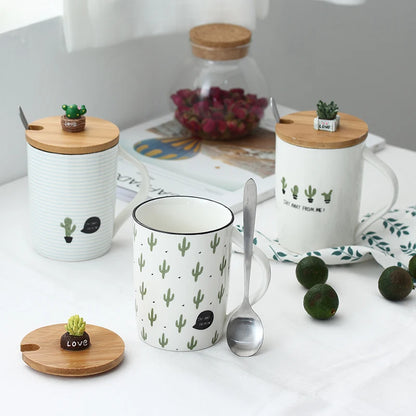 Cute Cactus Mug Ceramic Coffee Cups Creative Milk Tea Cup With Lid Spoon Home Morning Mugs