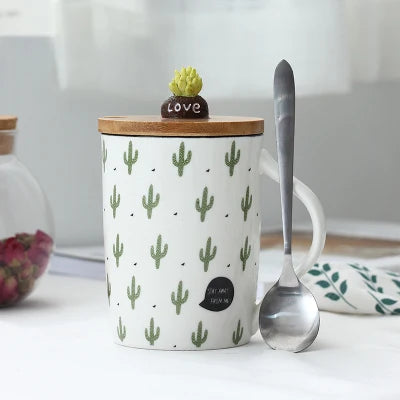 Cute Cactus Mug Ceramic Coffee Cups Creative Milk Tea Cup With Lid Spoon Home Morning Mugs
